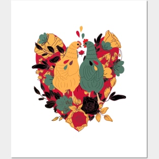 Colorful Birds on the Heart with Flowers Posters and Art